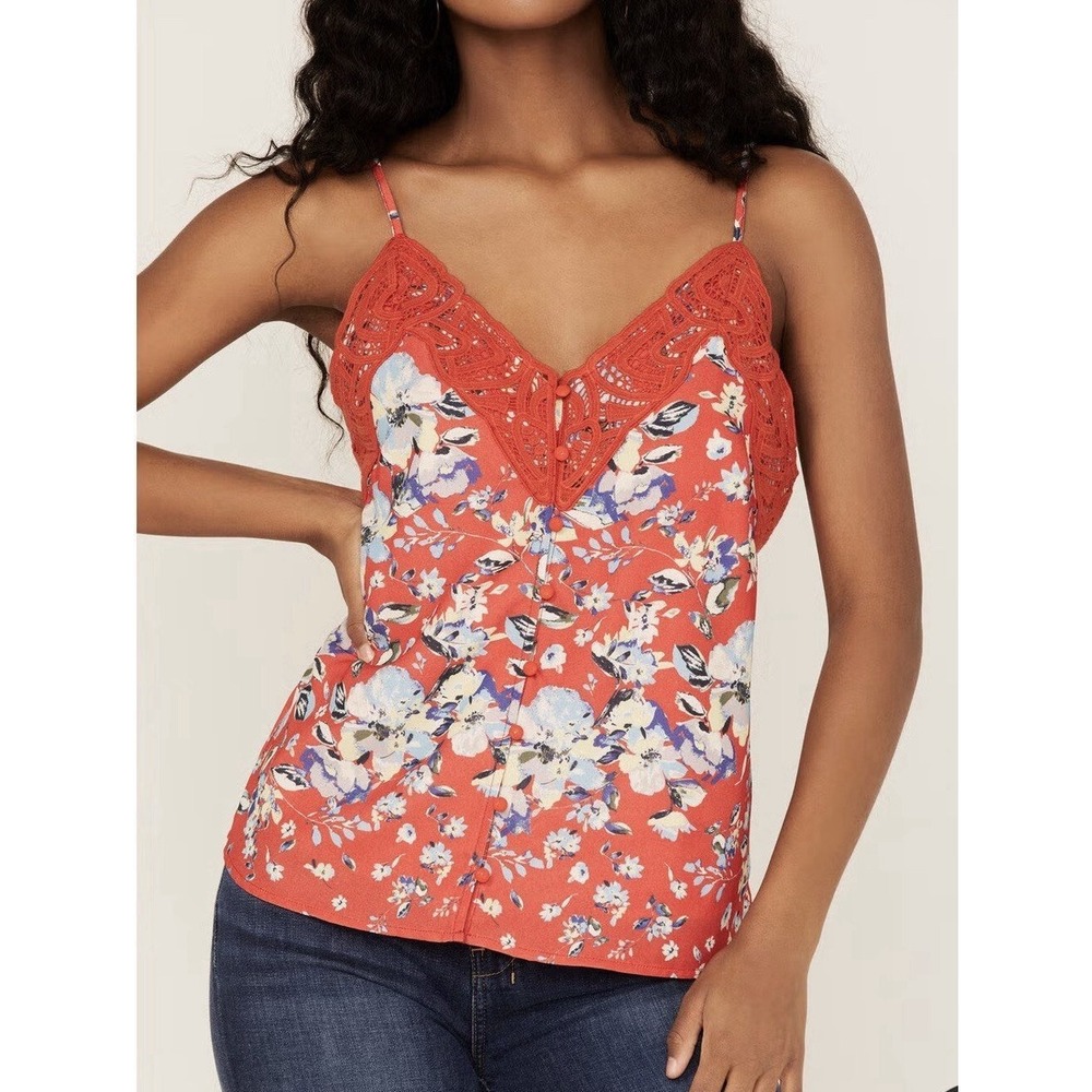 Miss Me Women Red Floral Lace Cami V-Neck‎ Button Front Tank Top MT2375T Large